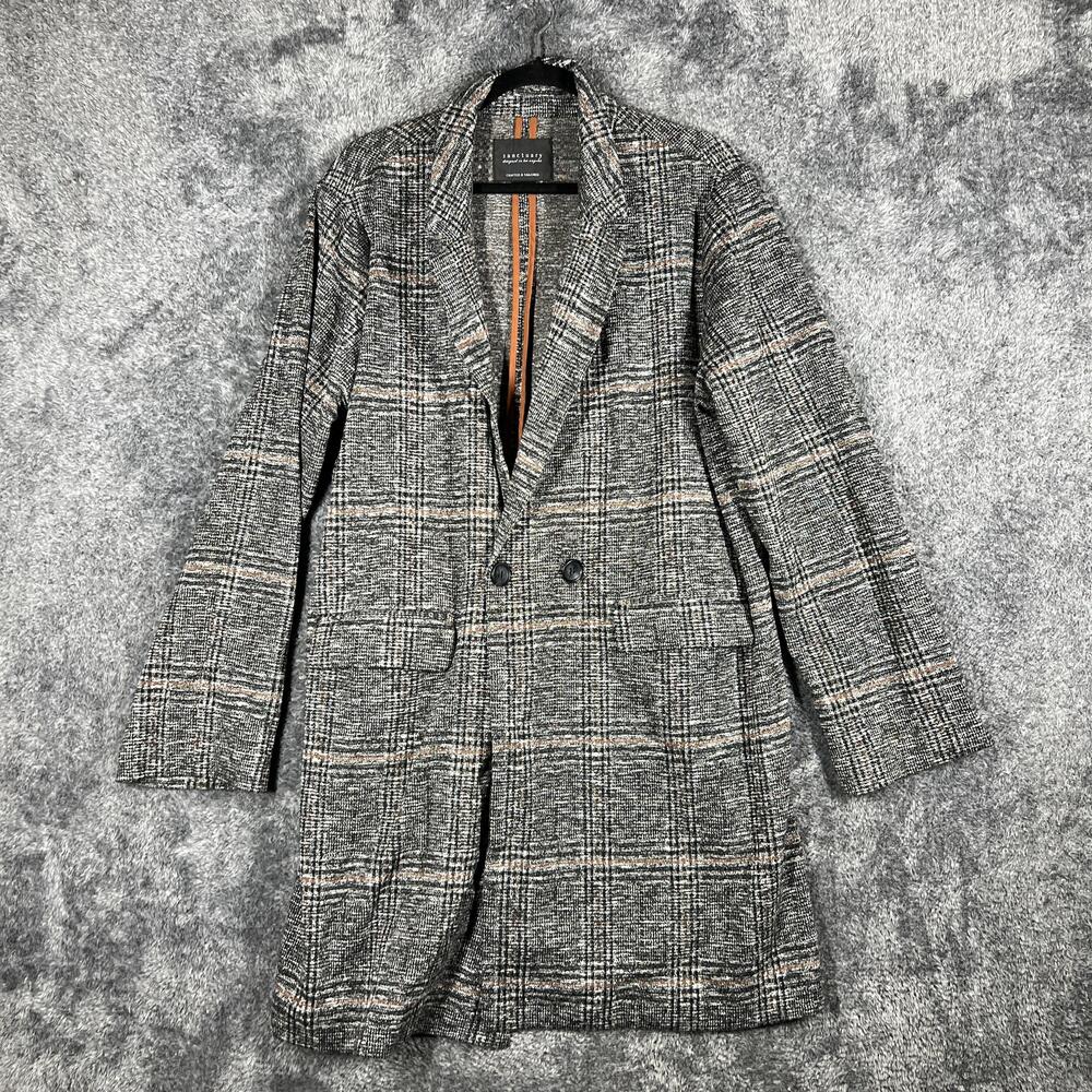 Sanctuary Blazer Womens XL Gray Plaid Tweed Long Lined Collared Pockets